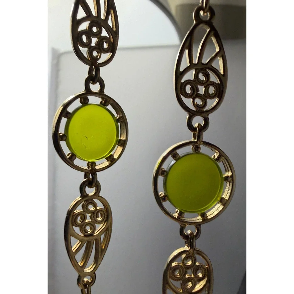 Vintage Necklace Long Opera Green Gold Tone Filigree 52